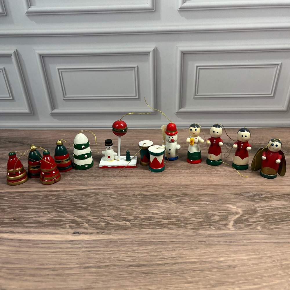 Vintage Wooden Christmas Ornaments‎ Snowman Tree Bell Drum Set of 13